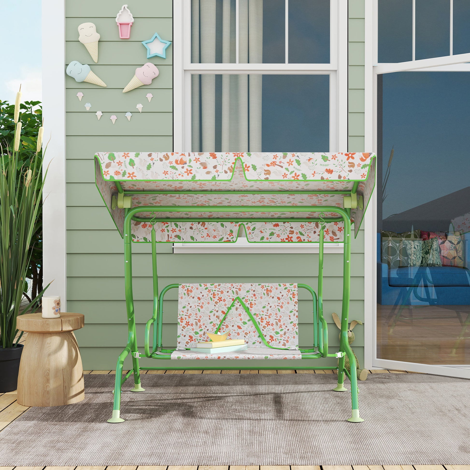 AIYAPLAY Baloiço de Jardim para Crianças acima de 3 Anos Baloiço Infantil de Exterior com 2 Lugares Toldo Ajustável Cinto de Segurança e Desenho de Borboletas 112x75x120 cm Verde