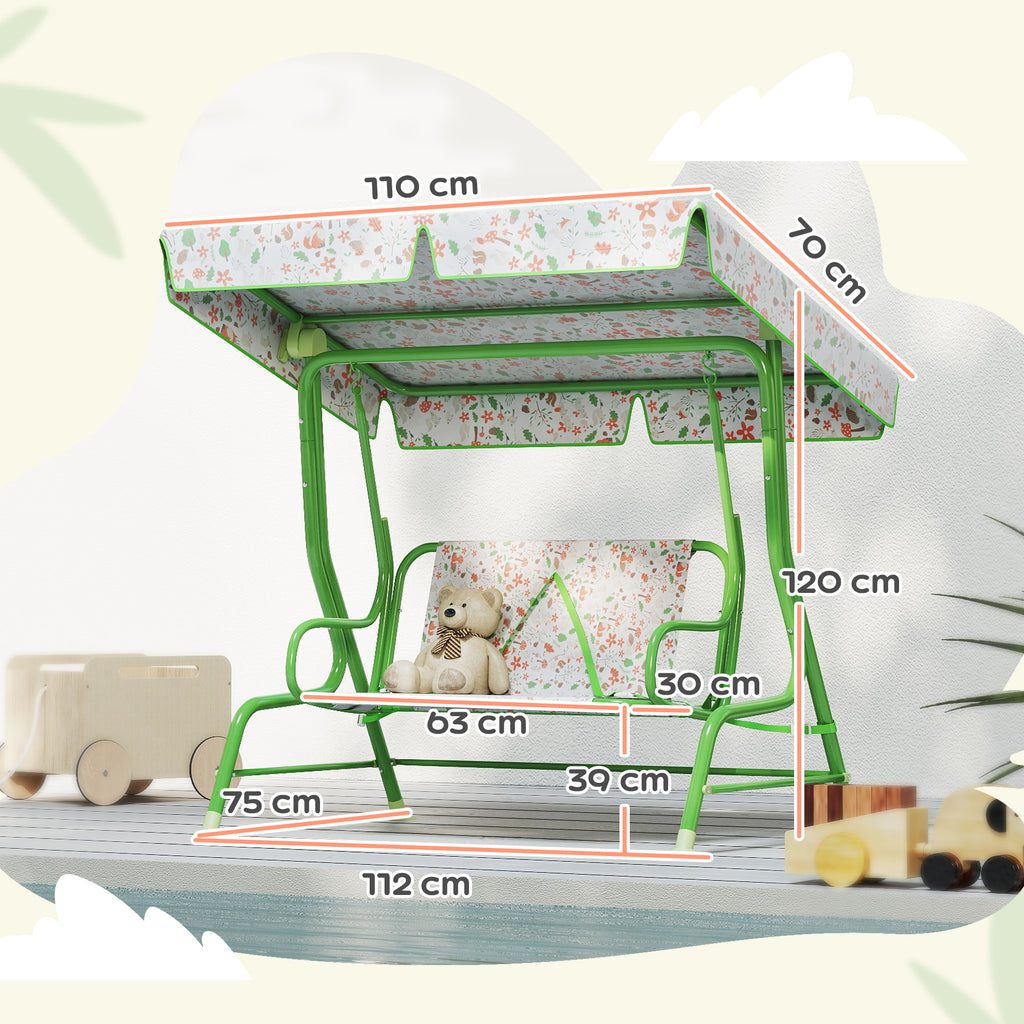AIYAPLAY Baloiço de Jardim para Crianças acima de 3 Anos Baloiço Infantil de Exterior com 2 Lugares Toldo Ajustável Cinto de Segurança e Desenho de Borboletas 112x75x120 cm Verde