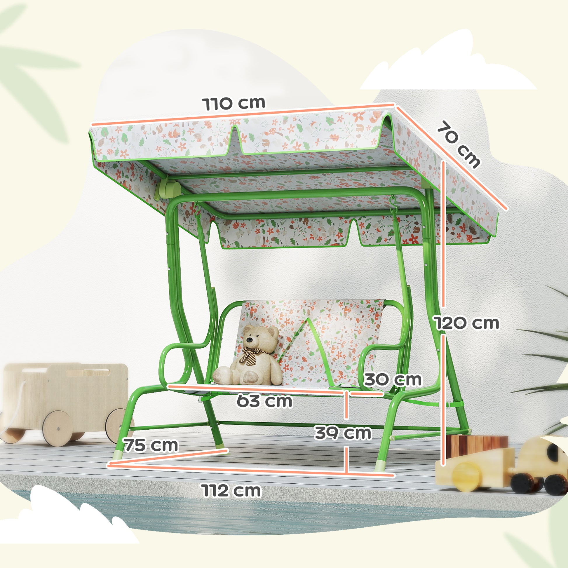 AIYAPLAY Baloiço de Jardim para Crianças acima de 3 Anos Baloiço Infantil de Exterior com 2 Lugares Toldo Ajustável Cinto de Segurança e Desenho de Borboletas 112x75x120 cm Verde