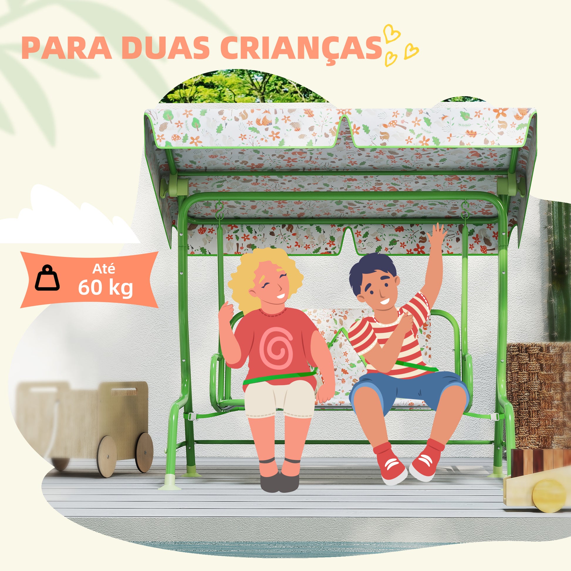 AIYAPLAY Baloiço de Jardim para Crianças acima de 3 Anos Baloiço Infantil de Exterior com 2 Lugares Toldo Ajustável Cinto de Segurança e Desenho de Borboletas 112x75x120 cm Verde