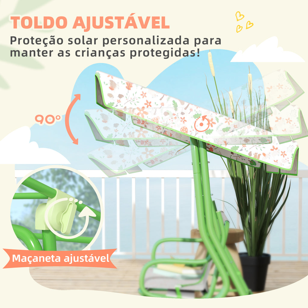 AIYAPLAY Baloiço de Jardim para Crianças acima de 3 Anos Baloiço Infantil de Exterior com 2 Lugares Toldo Ajustável Cinto de Segurança e Desenho de Borboletas 112x75x120 cm Verde
