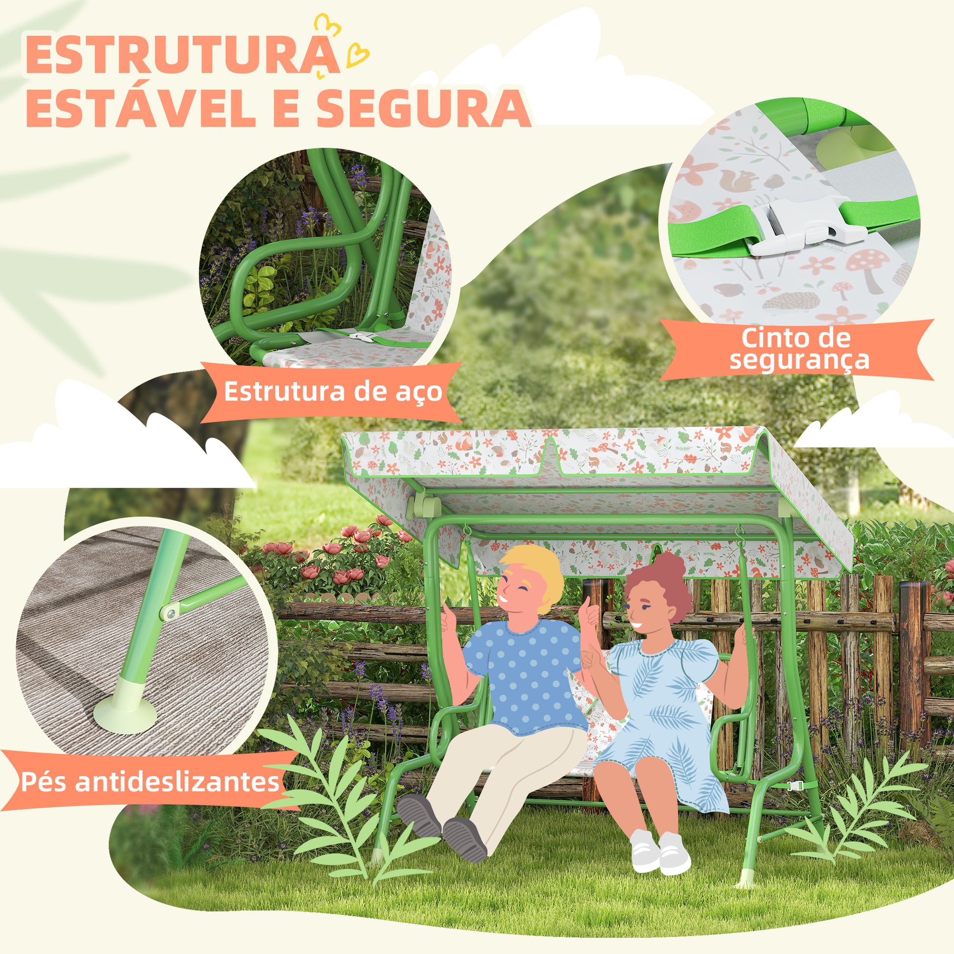AIYAPLAY Baloiço de Jardim para Crianças acima de 3 Anos Baloiço Infantil de Exterior com 2 Lugares Toldo Ajustável Cinto de Segurança e Desenho de Borboletas 112x75x120 cm Verde