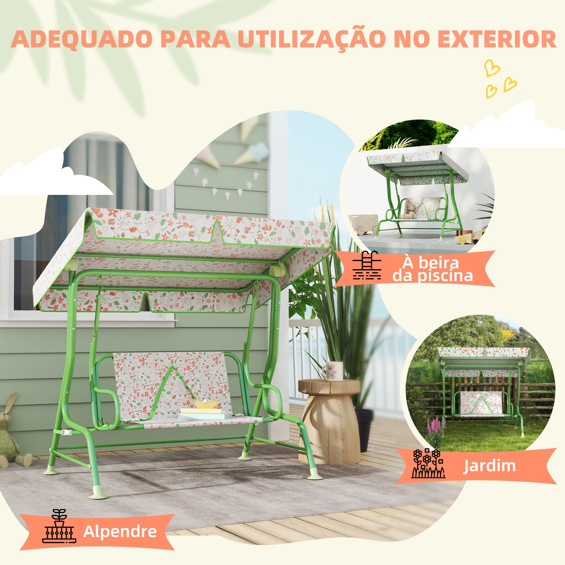 AIYAPLAY Baloiço de Jardim para Crianças acima de 3 Anos Baloiço Infantil de Exterior com 2 Lugares Toldo Ajustável Cinto de Segurança e Desenho de Borboletas 112x75x120 cm Verde