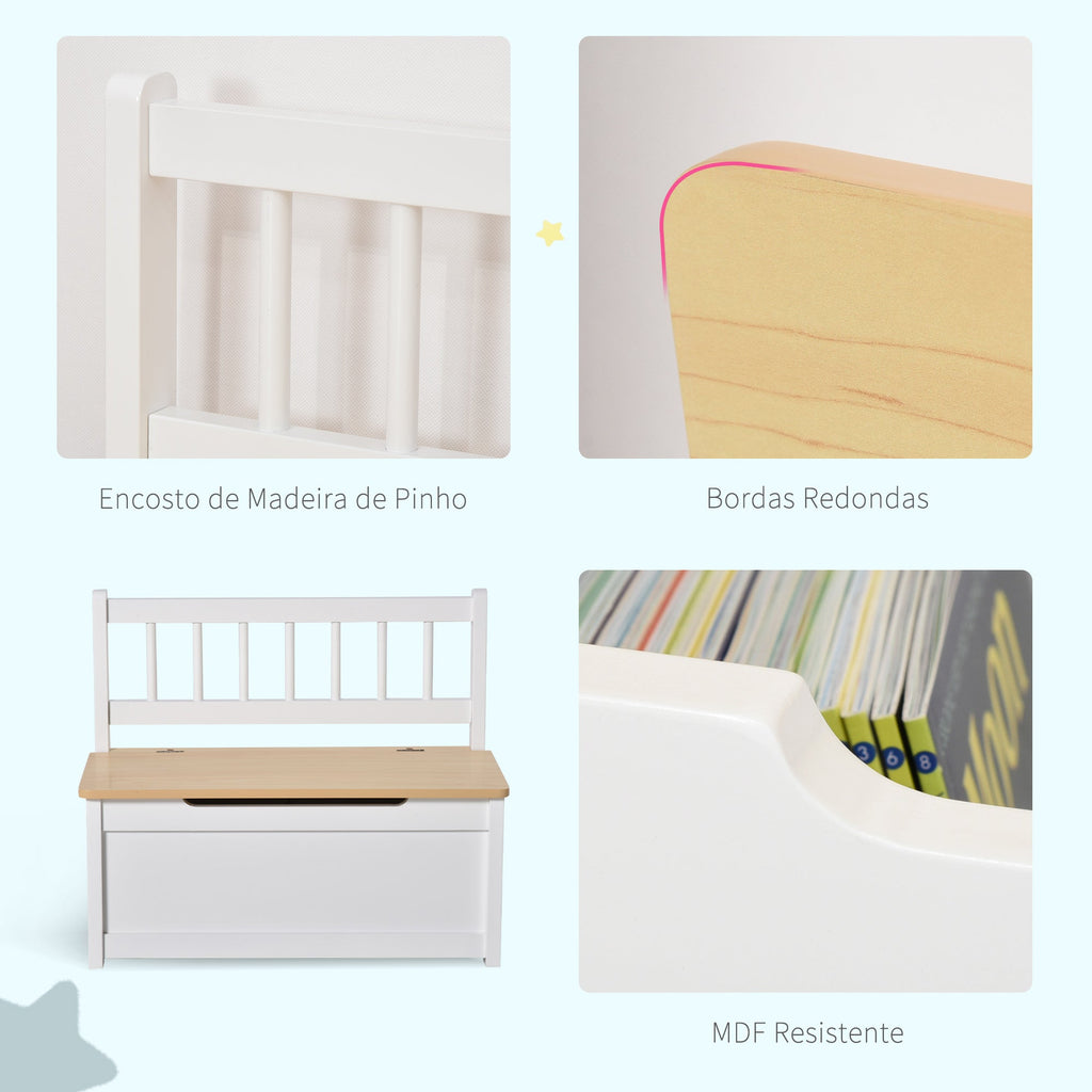 Baú de Brinquedos para crianças acima de 2 anos Banco de Armazenamento Infantil de Madeira de Pinho com Tampa de Amortecimento e Encosto Alto para Sala de Jogos Habitação 60x30x50cm Banco