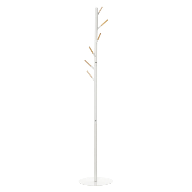 Cabide de Pé de Madeira Cabide de Pé com 6 Ganchos para Roupa Bolsas e Estrutura de Metal para Sala de Estar Entrada Dormitório 35x35x174cm Branco e Madeira