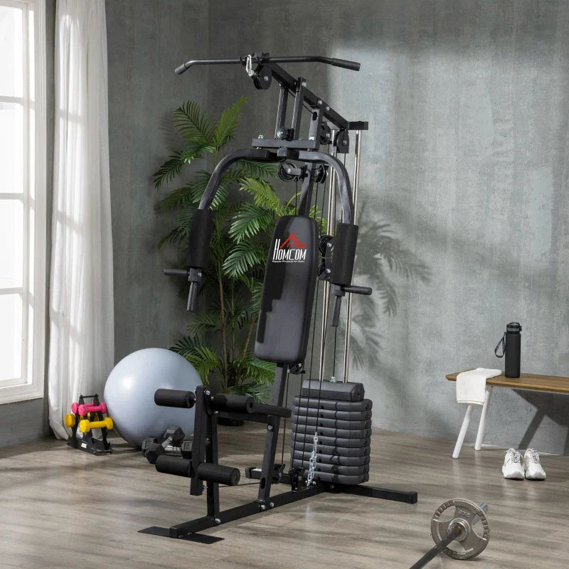 Multi-Estação Máquina de Musculação com Estribo para Pernas Placas de Pesos de 45kg Carga Máxima 110kg Treinamento Fitness em Casa Ginásio 135x103x200 cm Preto