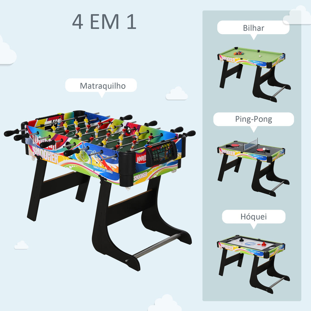 Mesa Multi-Jogos Dobrável Mesa de Jogos Desenho 4 em 1 Matraquilhos Hóquei de Mesa Bilhar Pingue-Pongue e Acessórios Incluídos 86,5x43,5x64 cm Multicor
