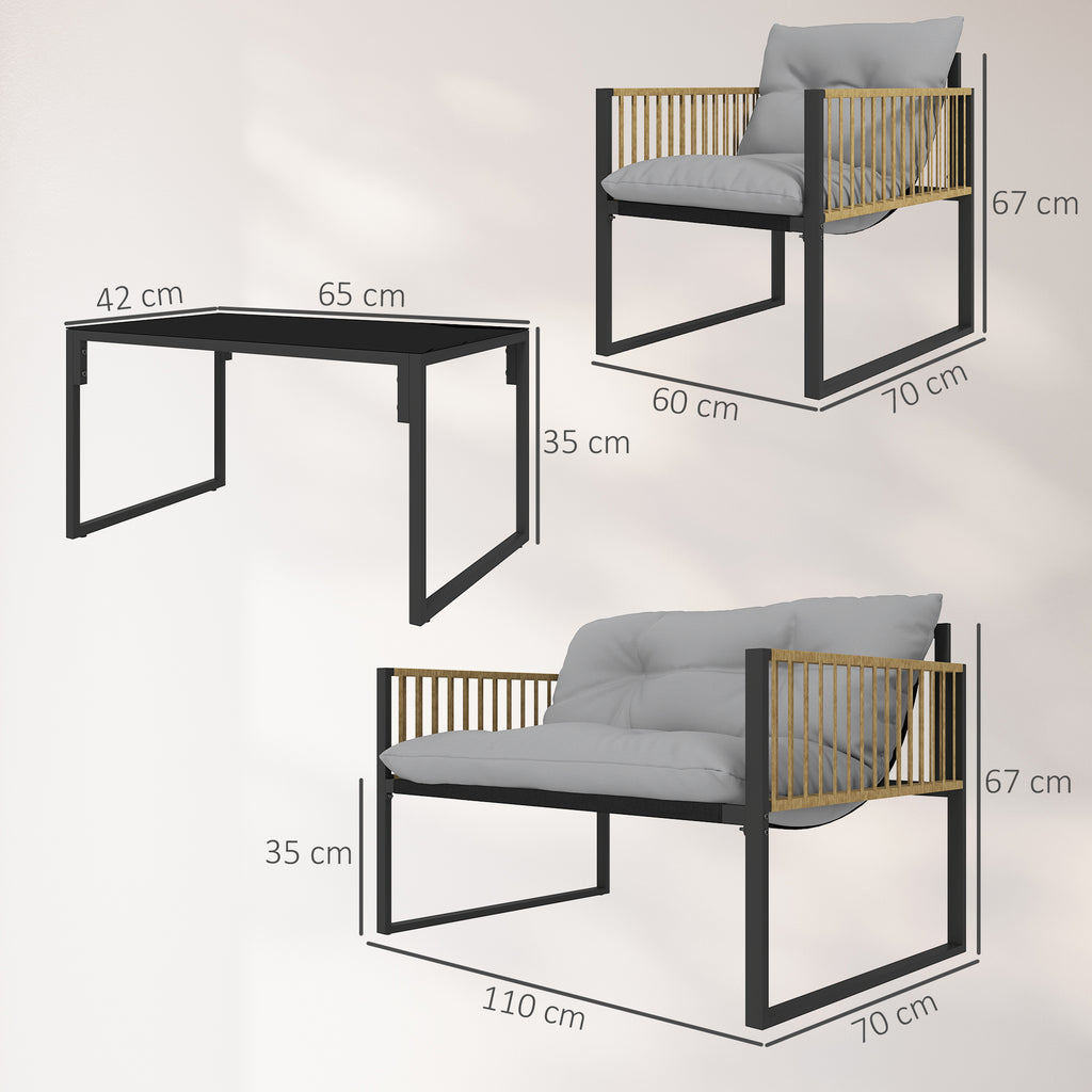 Conjunto de Jardim de Vime Sintético de 4 Peças Móveis de Exterior Inclui Sofá de 2 Lugares 2 Poltronas 1 Mesa de Centro de Vidro com Almofadas Cinza e Madeira