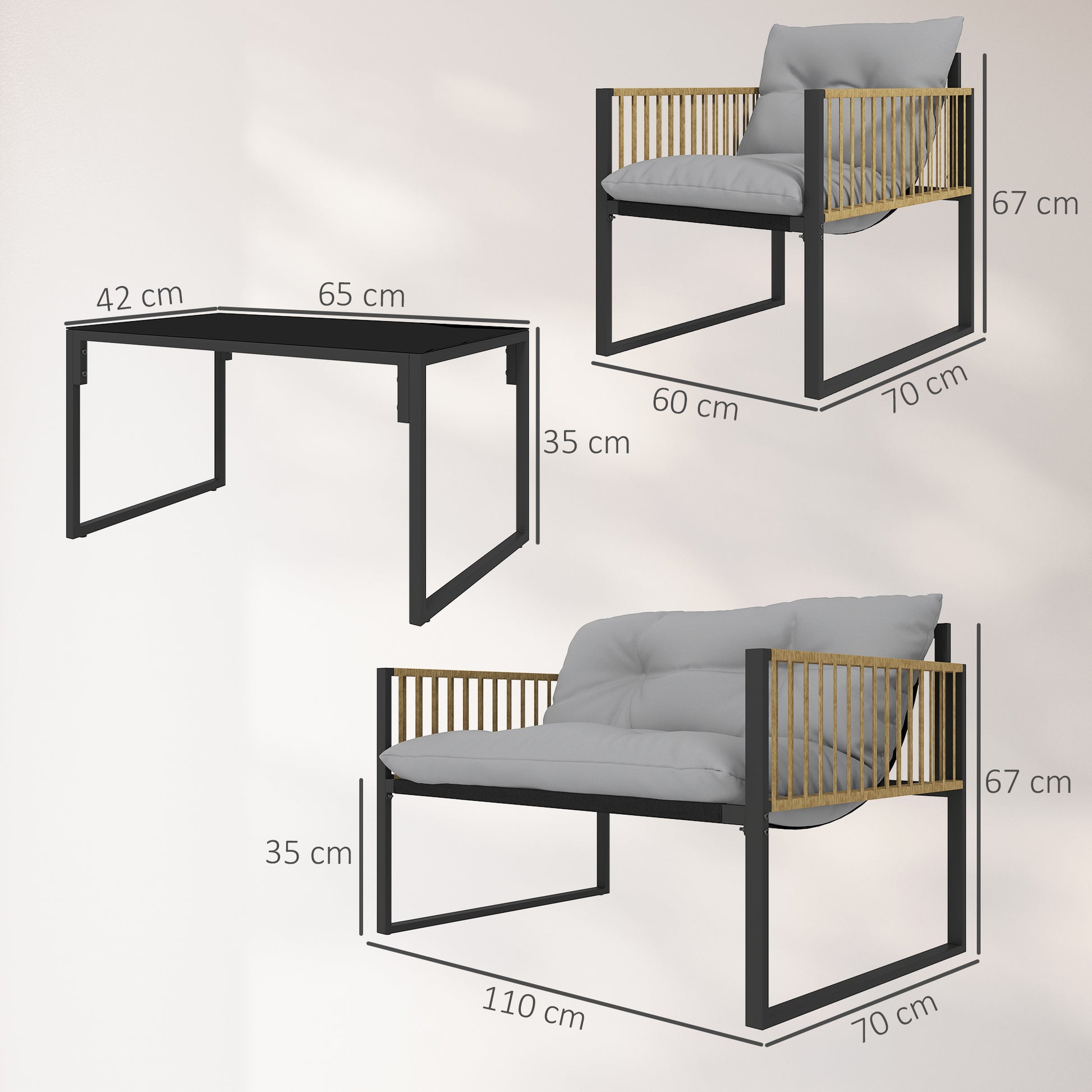 Conjunto de Jardim de Vime Sintético de 4 Peças Móveis de Exterior Inclui Sofá de 2 Lugares 2 Poltronas 1 Mesa de Centro de Vidro com Almofadas Cinza e Madeira