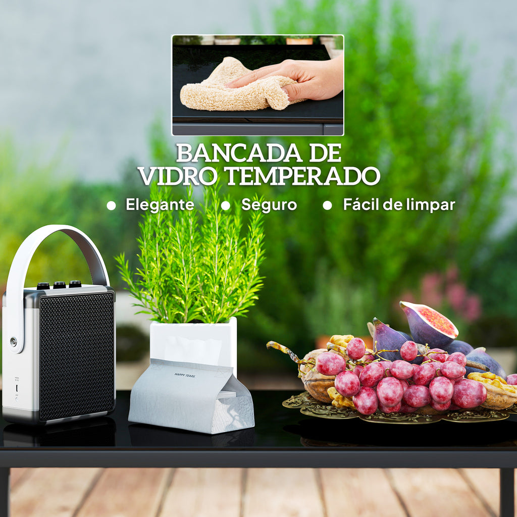 Conjunto de Jardim de Vime Sintético de 4 Peças Móveis de Exterior Inclui Sofá de 2 Lugares 2 Poltronas 1 Mesa de Centro de Vidro com Almofadas Cinza e Madeira
