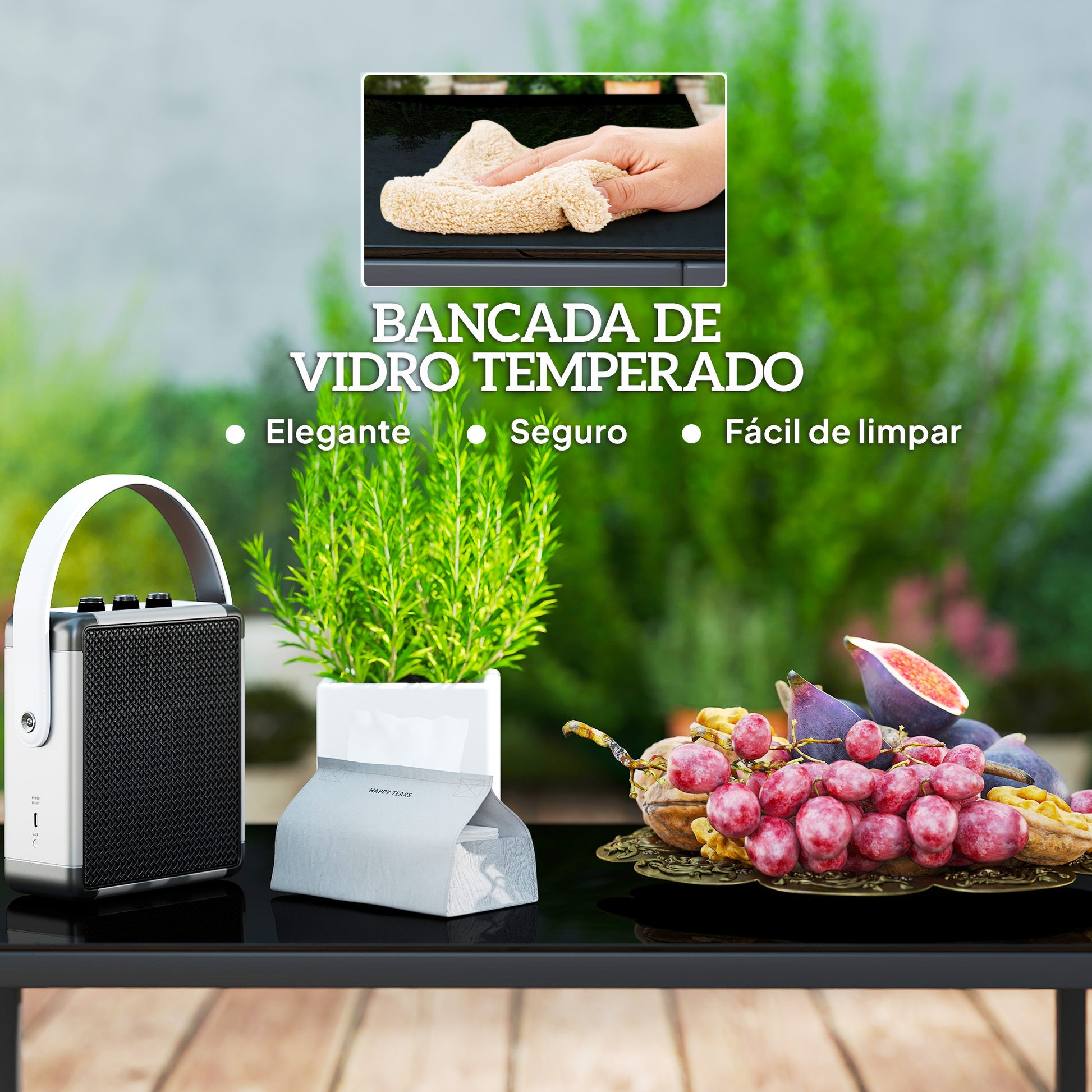 Conjunto de Jardim de Vime Sintético de 4 Peças Móveis de Exterior Inclui Sofá de 2 Lugares 2 Poltronas 1 Mesa de Centro de Vidro com Almofadas Cinza e Madeira