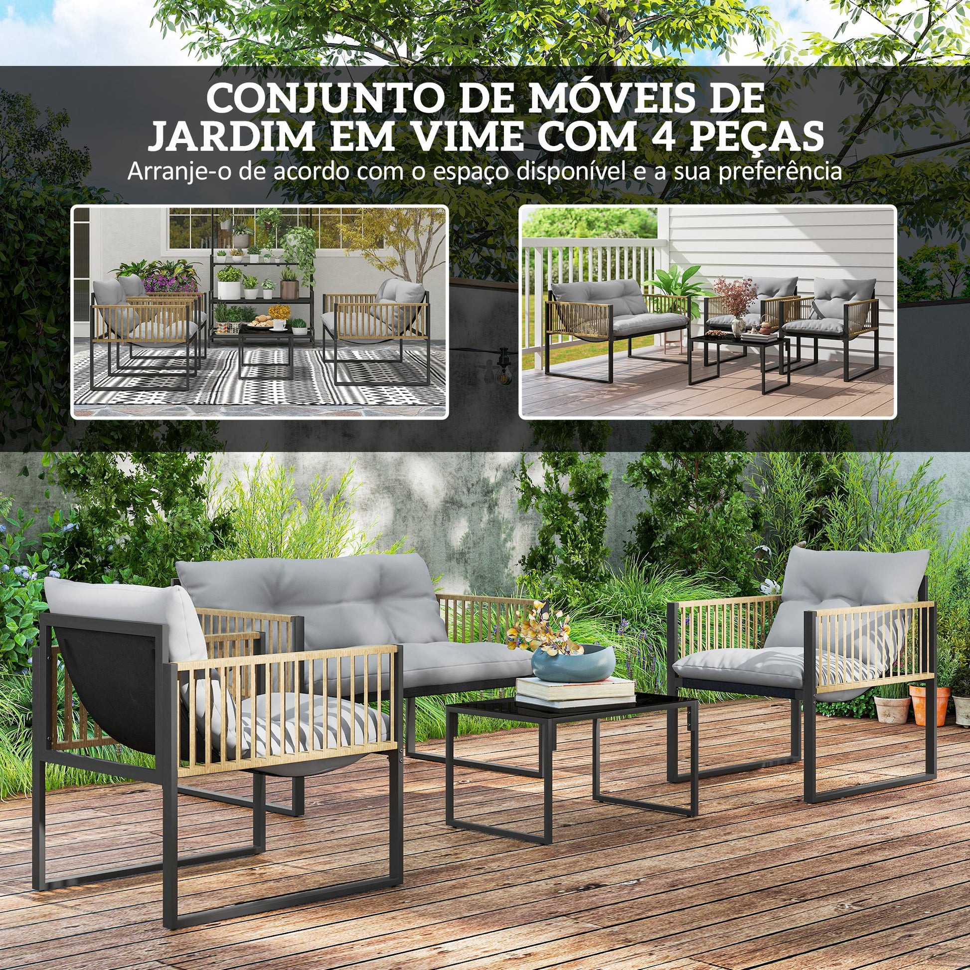 Conjunto de Jardim de Vime Sintético de 4 Peças Móveis de Exterior Inclui Sofá de 2 Lugares 2 Poltronas 1 Mesa de Centro de Vidro com Almofadas Cinza e Madeira