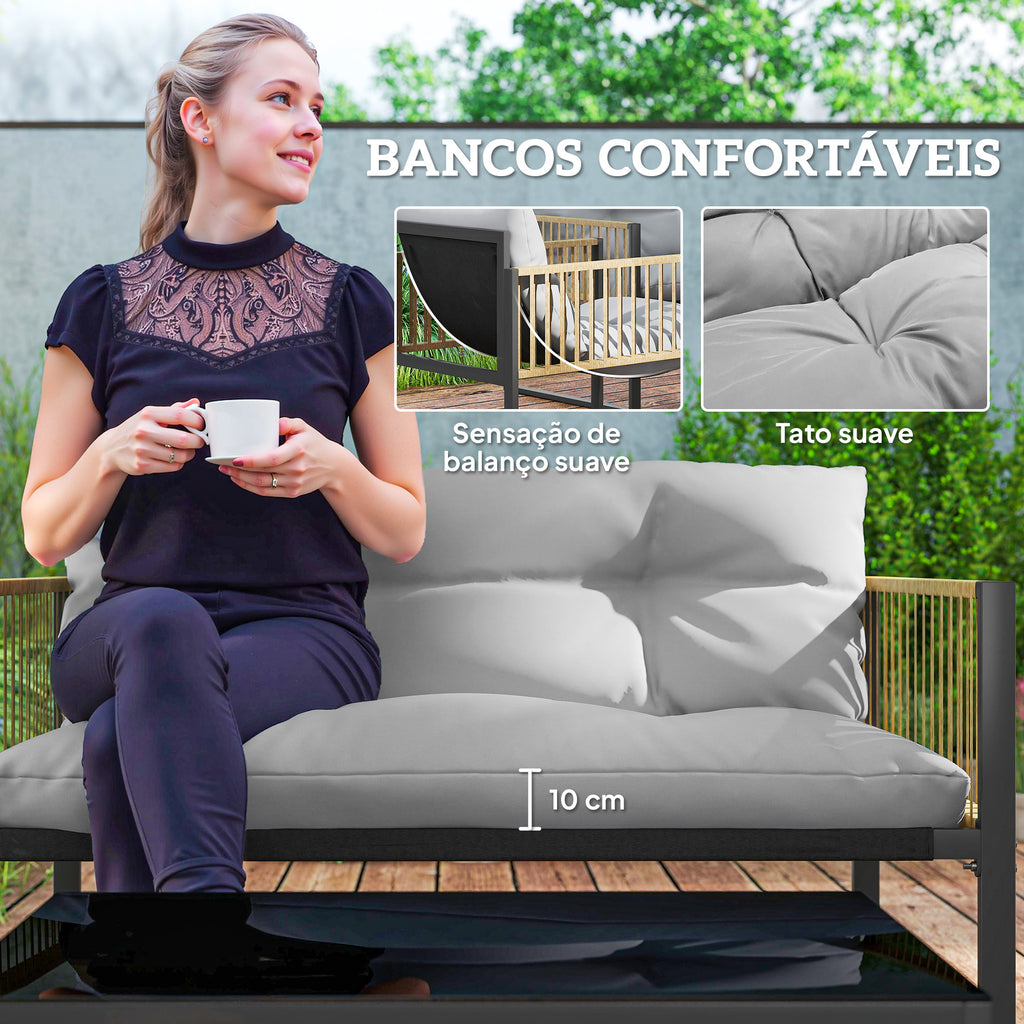 Conjunto de Jardim de Vime Sintético de 4 Peças Móveis de Exterior Inclui Sofá de 2 Lugares 2 Poltronas 1 Mesa de Centro de Vidro com Almofadas Cinza e Madeira