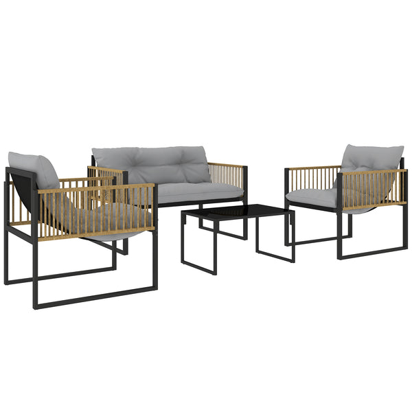 Conjunto de Jardim de Vime Sintético de 4 Peças Móveis de Exterior Inclui Sofá de 2 Lugares 2 Poltronas 1 Mesa de Centro de Vidro com Almofadas Cinza e Madeira