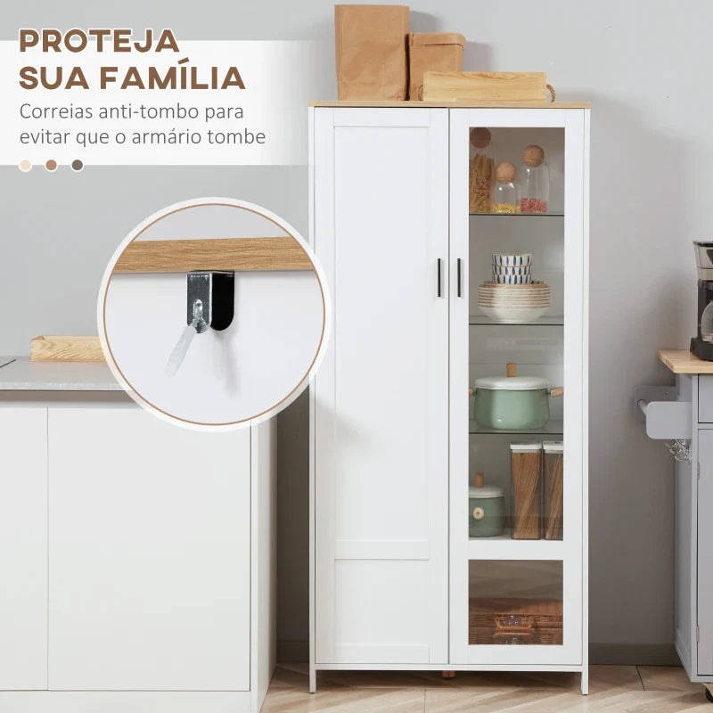Armário de Cozinha Móvel Auxiliar de Cozinha com Porta de Vidro Prateleiras Ajustáveis e Pés Elevados para Sala de Estar Sala de Jantar 76x36x160 cm Branco