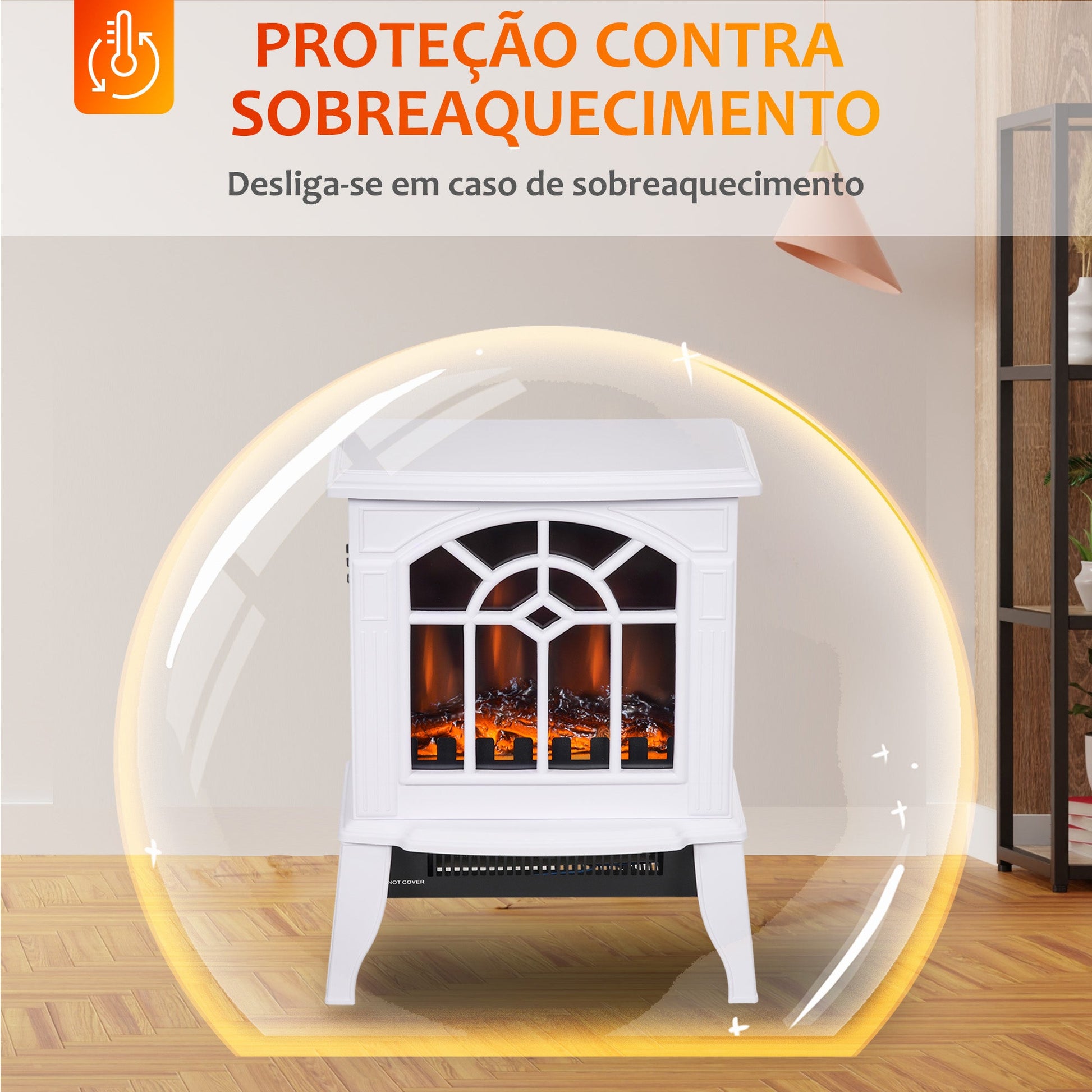 Lareira Elétrica Portátil 1000/2000W com Simulação de Chama Realista Termostato para Salas de até 20m² 36,5x24x46 cm Branco