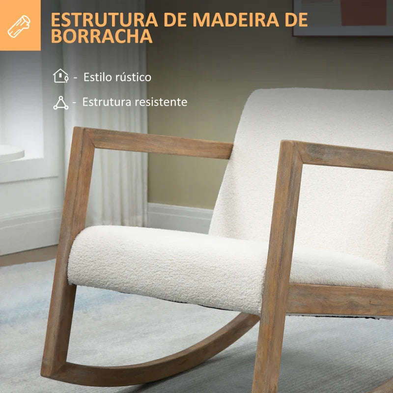 Poltrona Baloiço Estofada em Tecido Borreguito Poltrona Baloiço com Assento Acolchoado Apoio para os Braços e Pés de Madeira de Borracha para Sala de Estar Dormitório 60x81x71cm Creme