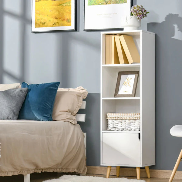 Estante com 3 Prateleiras Abertas e 1 Fechada com Porta Estante de Estilo Moderno para Armazenamento de Livros Brinquedos Plantas 40x30x129,5cm Branco