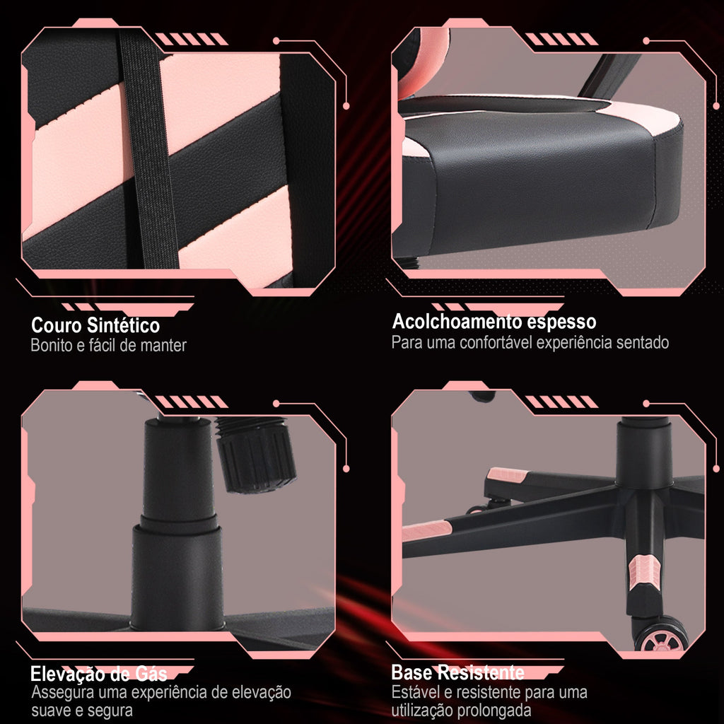 Cadeira Gaming Cadeira de Escritório Ergonómica com Altura Regulável Basculante com Apoio de Cabeça e Almofada Lombar 61x70x121-129 cm Rosa e Preto