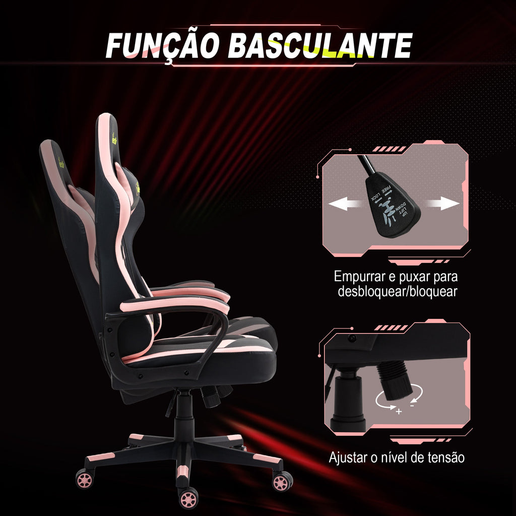 Cadeira Gaming Cadeira de Escritório Ergonómica com Altura Regulável Basculante com Apoio de Cabeça e Almofada Lombar 61x70x121-129 cm Rosa e Preto