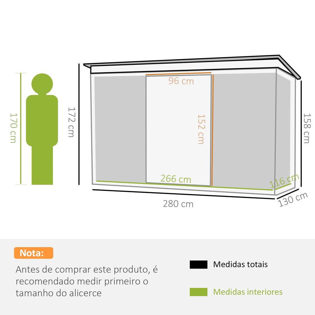 Abrigo de Jardim 280x130x172cm Abrigo de Exterior de Aço Galvanizado com Porta Corredeira e Ventilações para Armazenamento de Ferramentas Verde
