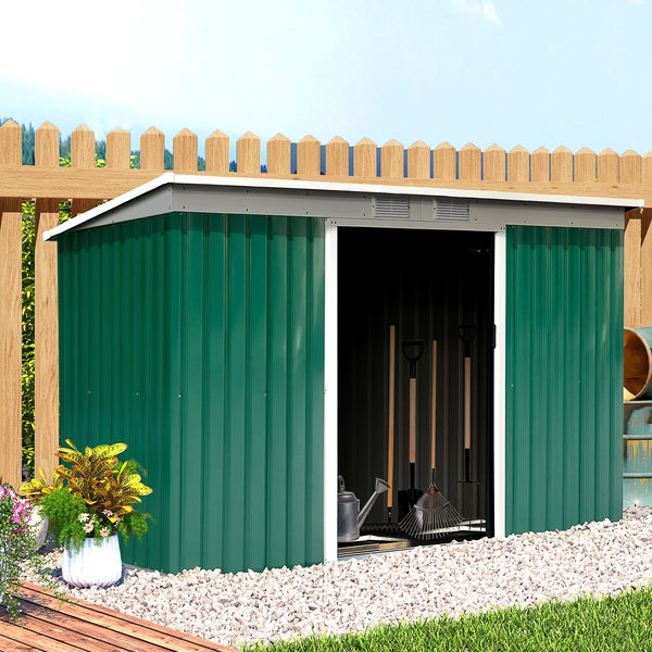 Abrigo de Jardim 280x130x172cm Abrigo de Exterior de Aço Galvanizado com Porta Corredeira e Ventilações para Armazenamento de Ferramentas Verde