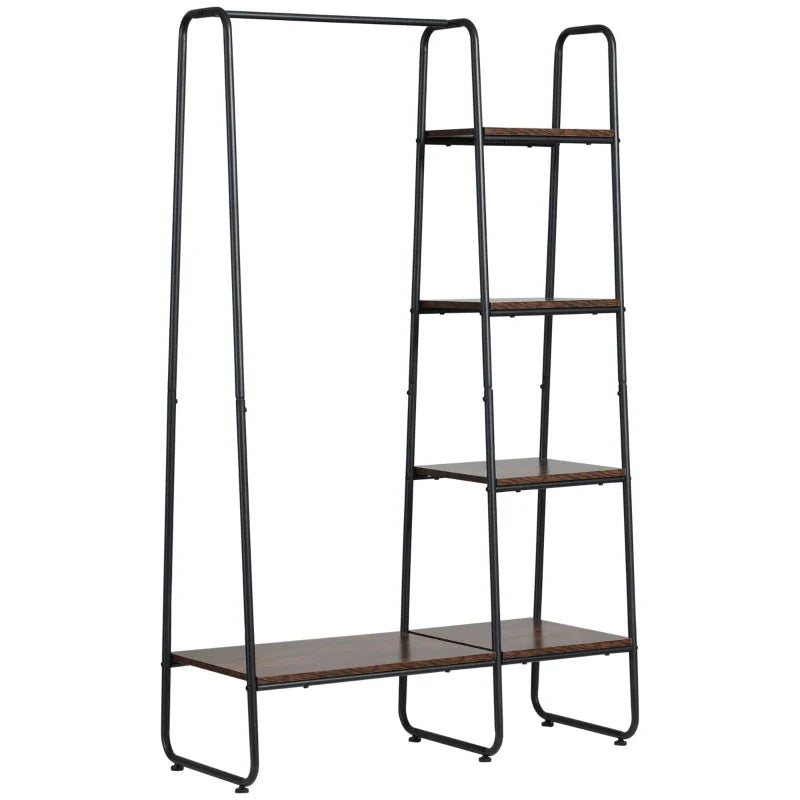 Suporte para Cabides Charriot de Madeira com 4 Prateleiras de Armazenamento e Barra de Pendurar para Dormitório Sala de Estar Entrada Estilo Industrial 101x39x160cm Café e Preto
