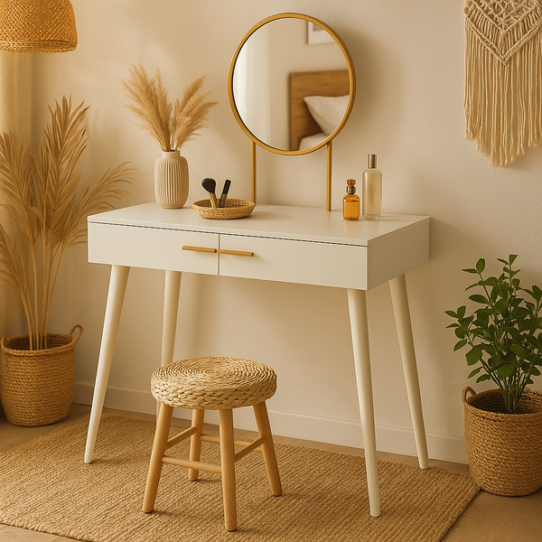 Toucador com Espelho Redondo Mesa de Maquilhagem com 2 Gavetas Estilo Moderno para Dormitório 80x40x123cm Branco