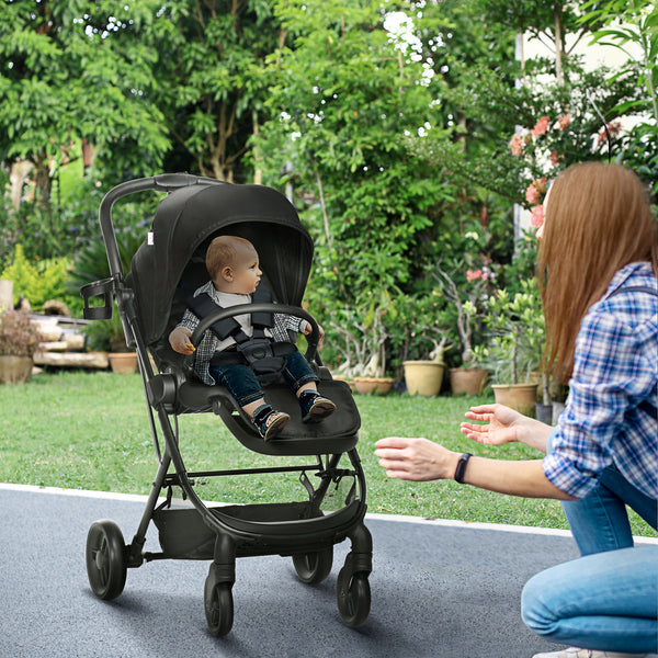 Carrinho de Bebé com Assento Reversível Carrinho para Bebé de 0-36 Meses Dobrável com Encosto Reclinável Cesta e Suporte para Copos Estrutura de Alumínio Carga Máxima 15kg 83x59x104cm Preto