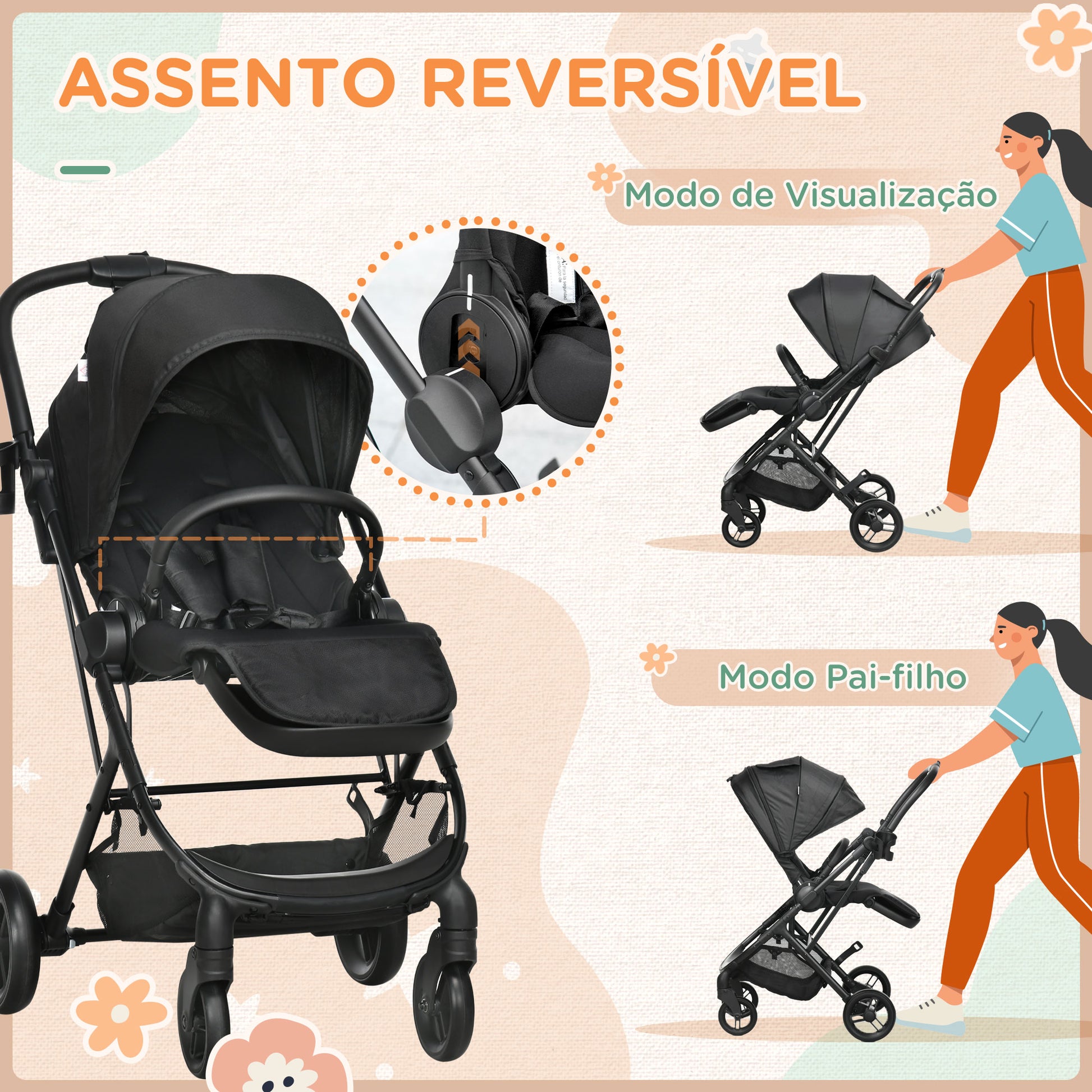 Carrinho de Bebé com Assento Reversível Carrinho para Bebé de 0-36 Meses Dobrável com Encosto Reclinável Cesta e Suporte para Copos Estrutura de Alumínio Carga Máxima 15kg 83x59x104cm Preto