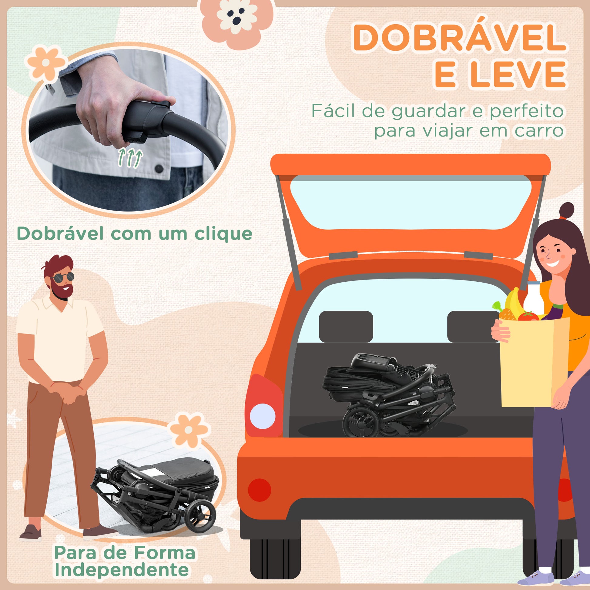 Carrinho de Bebé com Assento Reversível Carrinho para Bebé de 0-36 Meses Dobrável com Encosto Reclinável Cesta e Suporte para Copos Estrutura de Alumínio Carga Máxima 15kg 83x59x104cm Preto