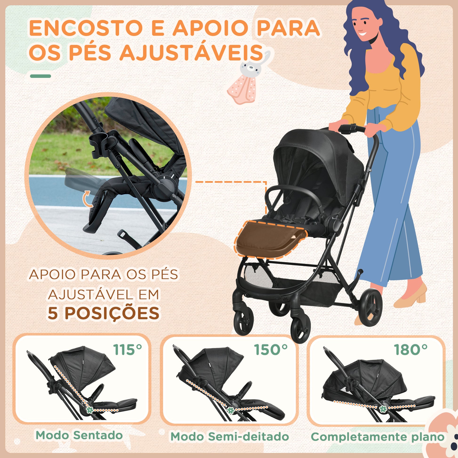 Carrinho de Bebé com Assento Reversível Carrinho para Bebé de 0-36 Meses Dobrável com Encosto Reclinável Cesta e Suporte para Copos Estrutura de Alumínio Carga Máxima 15kg 83x59x104cm Preto