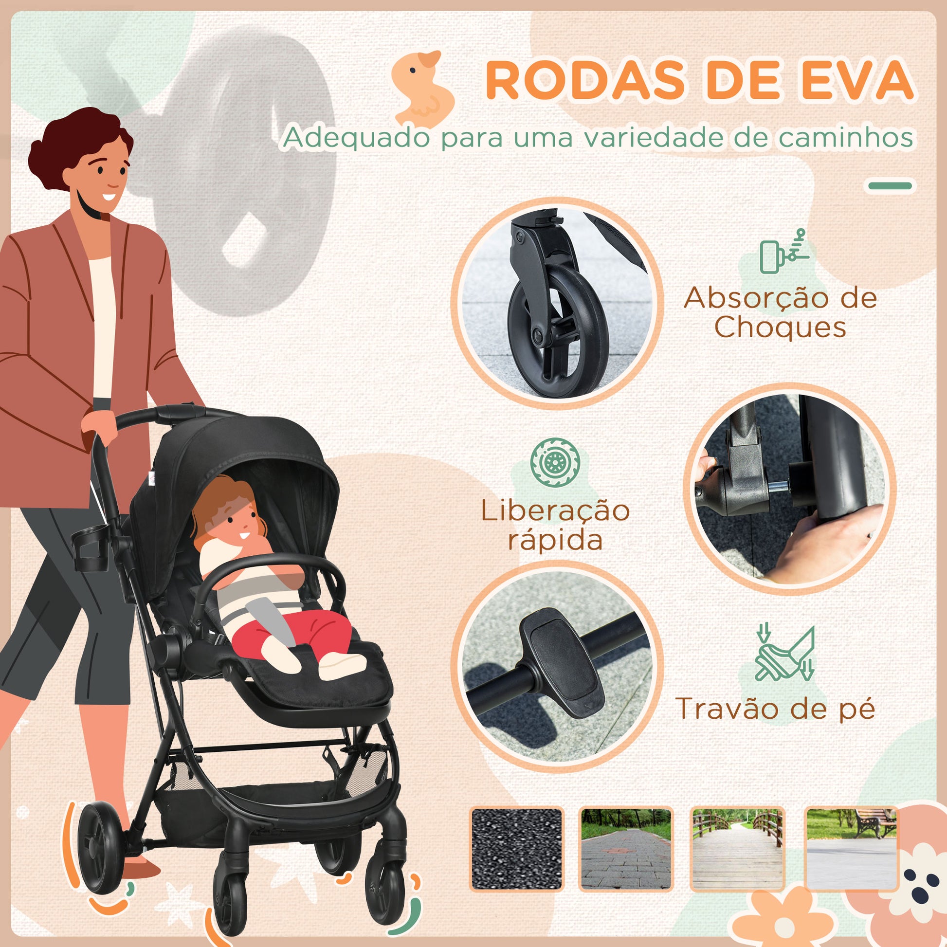 Carrinho de Bebé com Assento Reversível Carrinho para Bebé de 0-36 Meses Dobrável com Encosto Reclinável Cesta e Suporte para Copos Estrutura de Alumínio Carga Máxima 15kg 83x59x104cm Preto