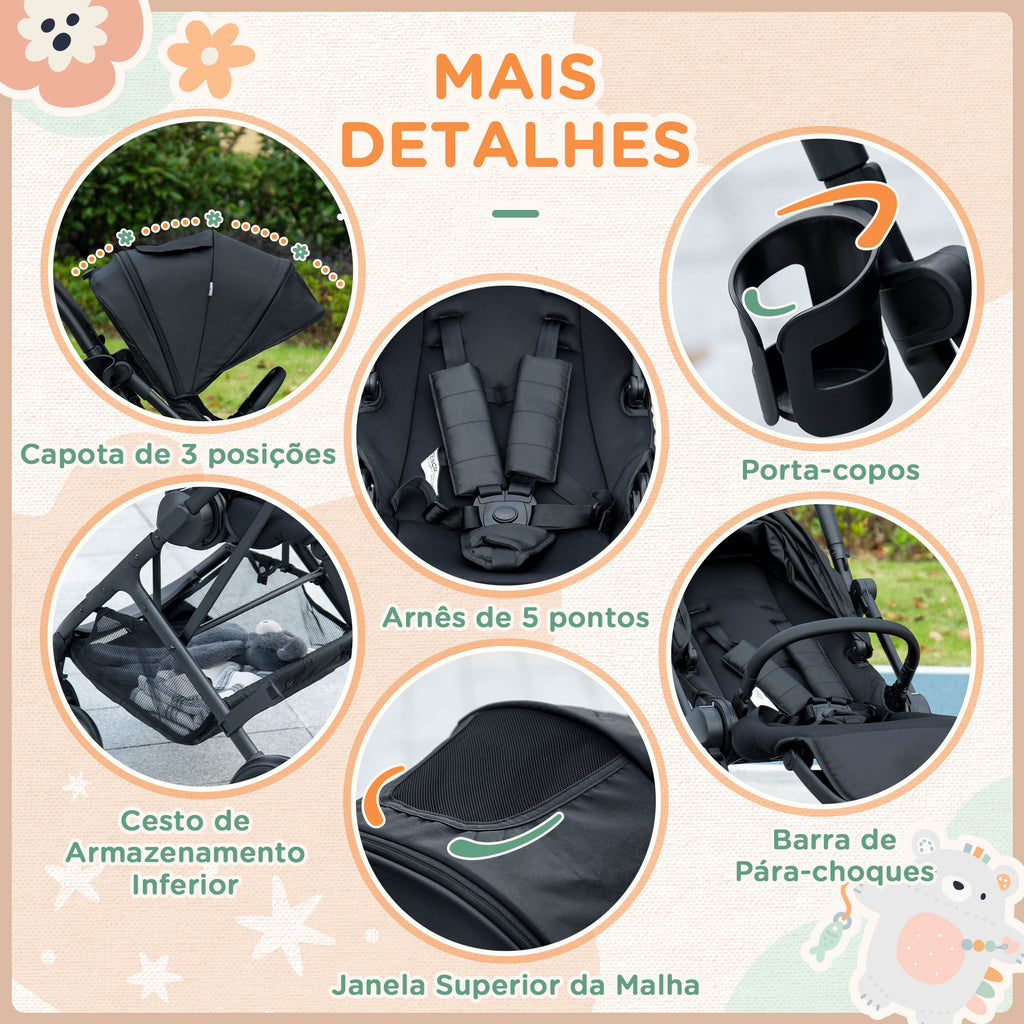 Carrinho de Bebé com Assento Reversível Carrinho para Bebé de 0-36 Meses Dobrável com Encosto Reclinável Cesta e Suporte para Copos Estrutura de Alumínio Carga Máxima 15kg 83x59x104cm Preto