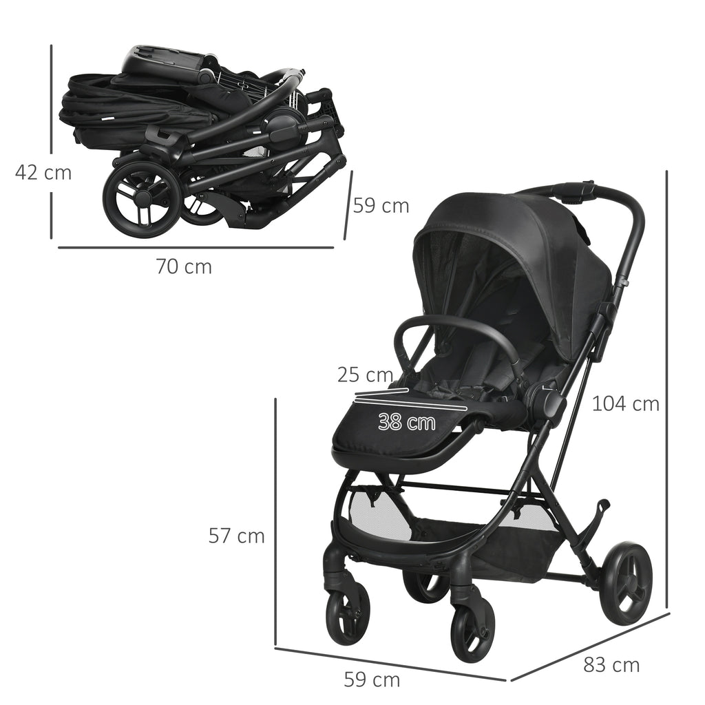 Carrinho de Bebé com Assento Reversível Carrinho para Bebé de 0-36 Meses Dobrável com Encosto Reclinável Cesta e Suporte para Copos Estrutura de Alumínio Carga Máxima 15kg 83x59x104cm Preto