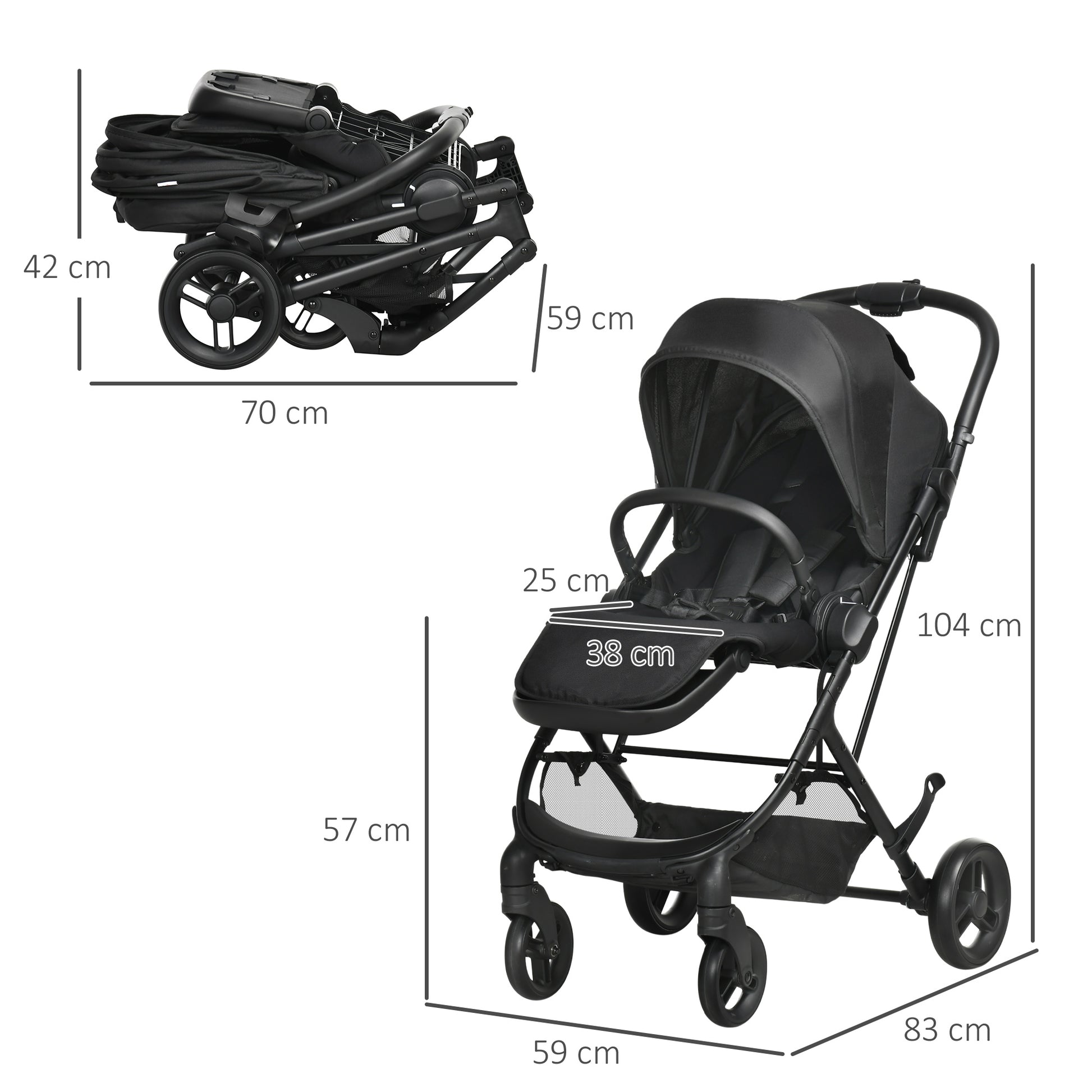 Carrinho de Bebé com Assento Reversível Carrinho para Bebé de 0-36 Meses Dobrável com Encosto Reclinável Cesta e Suporte para Copos Estrutura de Alumínio Carga Máxima 15kg 83x59x104cm Preto