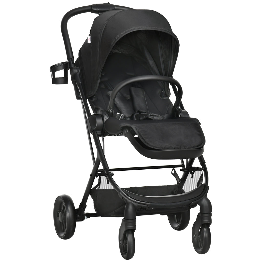 Carrinho de Bebé com Assento Reversível Carrinho para Bebé de 0-36 Meses Dobrável com Encosto Reclinável Cesta e Suporte para Copos Estrutura de Alumínio Carga Máxima 15kg 83x59x104cm Preto