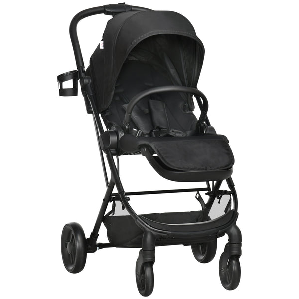 Carrinho de Bebé com Assento Reversível Carrinho para Bebé de 0-36 Meses Dobrável com Encosto Reclinável Cesta e Suporte para Copos Estrutura de Alumínio Carga Máxima 15kg 83x59x104cm Preto