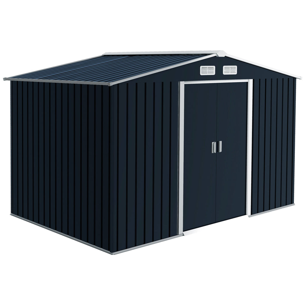Abrigo de Jardim Exterior Abrigo e Jardim Metálico para Armazenamento de Ferramentas com Base Incluída e 4 Janelas 277x195x192cm Cinza Escuro