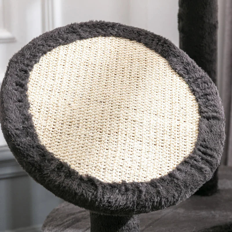 PawHut Árvore Arranhador para Gatos Grande Altura 153cm Torre de Escalada para Gatos com Caverna Redes Plataformas Postes Arranhadores de Sisal e Bola Suspensa Cinza Escuro