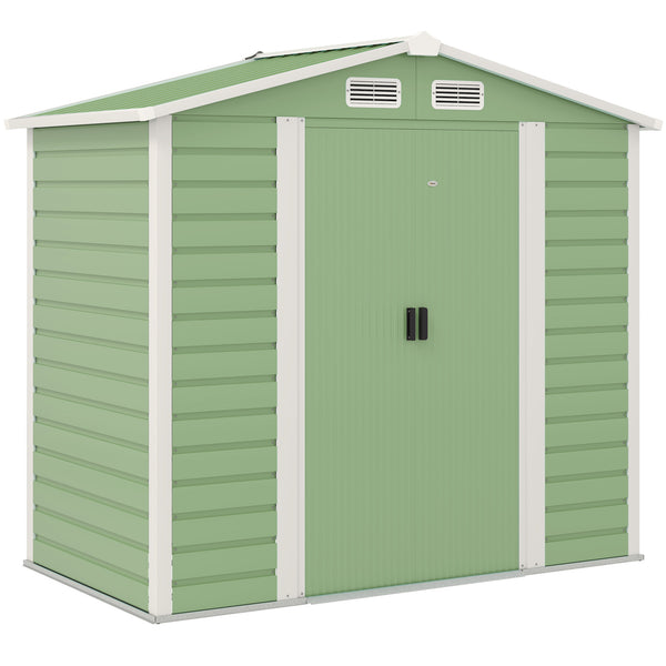 Abrigo de Jardim Exterior 2,36m² 213x120x194 cm Abrigo de Exterior com Base Reforçada (Piso NÃO Incluído) Portas de Correr Duplas Fechadura Janelas Verde Claro