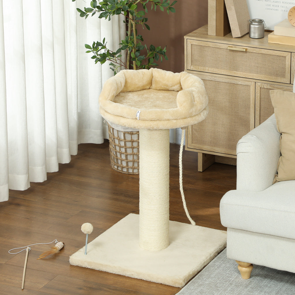 PawHut Arranhador para Gatos Mini Arranhador para Gatos de 2 Níveis com Plataforma Bola com Mola Corda Suspensa e Poste de Sisal 55x55x83 cm Bege