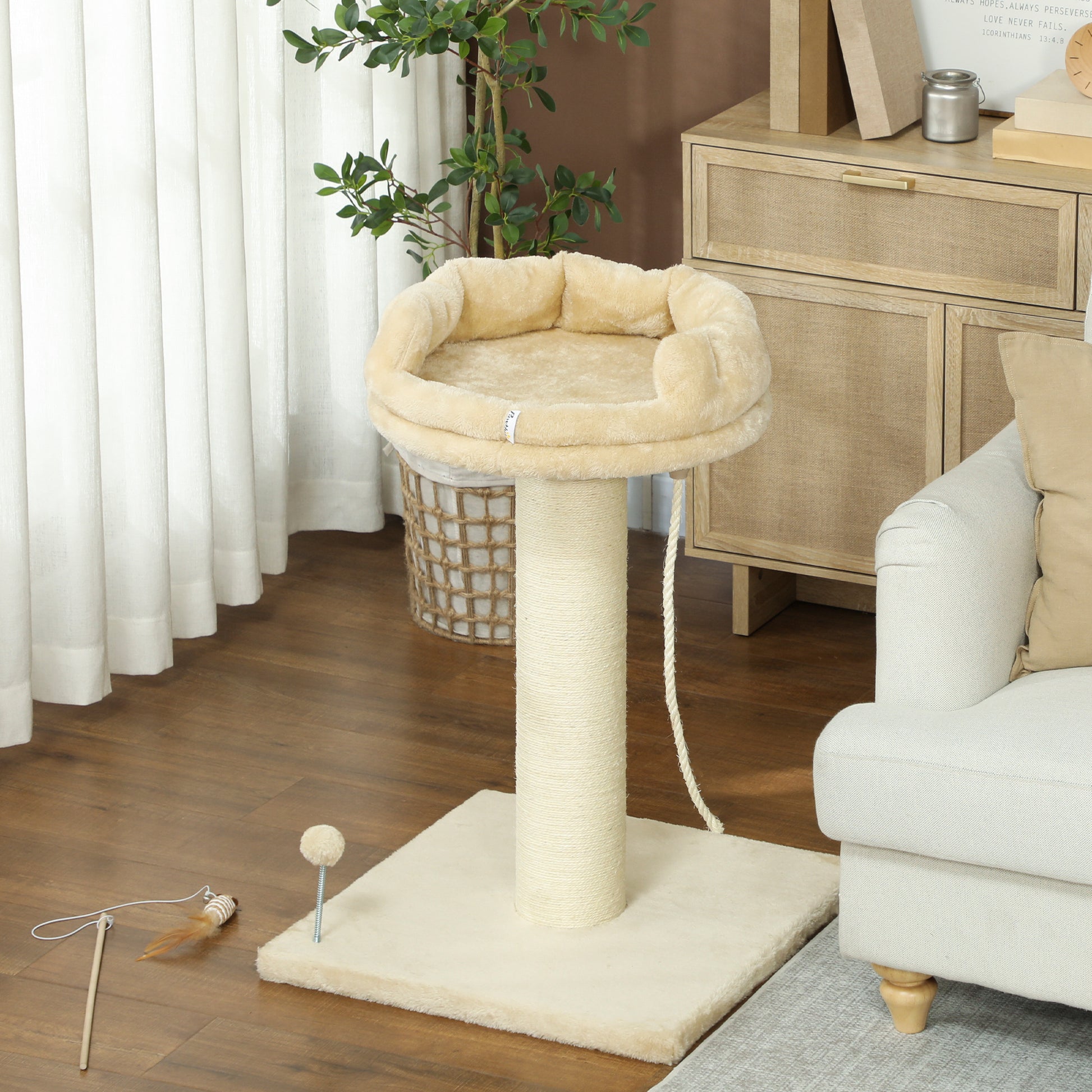 PawHut Arranhador para Gatos Mini Arranhador para Gatos de 2 Níveis com Plataforma Bola com Mola Corda Suspensa e Poste de Sisal 55x55x83 cm Bege