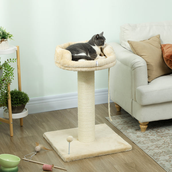 PawHut Arranhador para Gatos Mini Arranhador para Gatos de 2 Níveis com Plataforma Bola com Mola Corda Suspensa e Poste de Sisal 55x55x83 cm Bege
