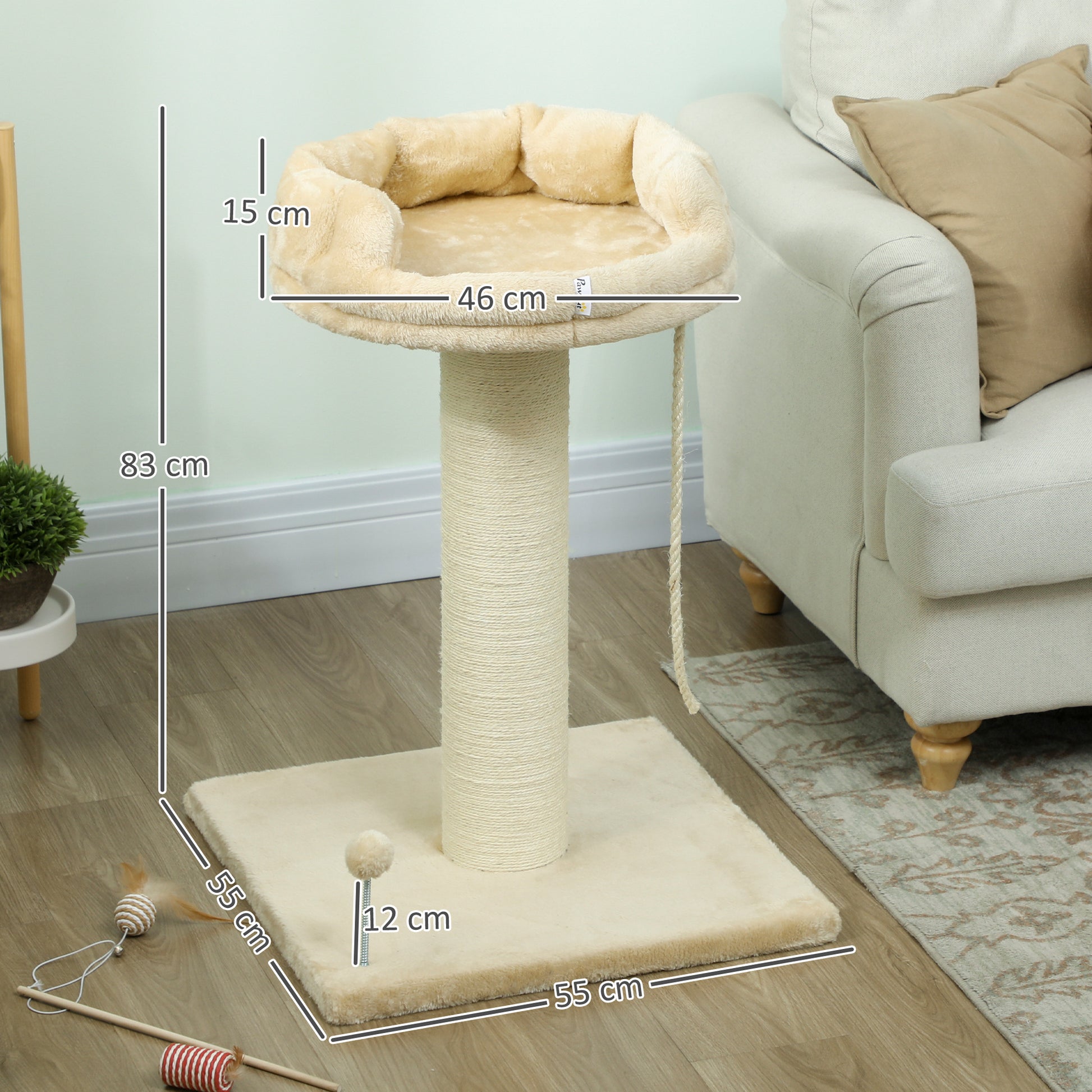 PawHut Arranhador para Gatos Mini Arranhador para Gatos de 2 Níveis com Plataforma Bola com Mola Corda Suspensa e Poste de Sisal 55x55x83 cm Bege