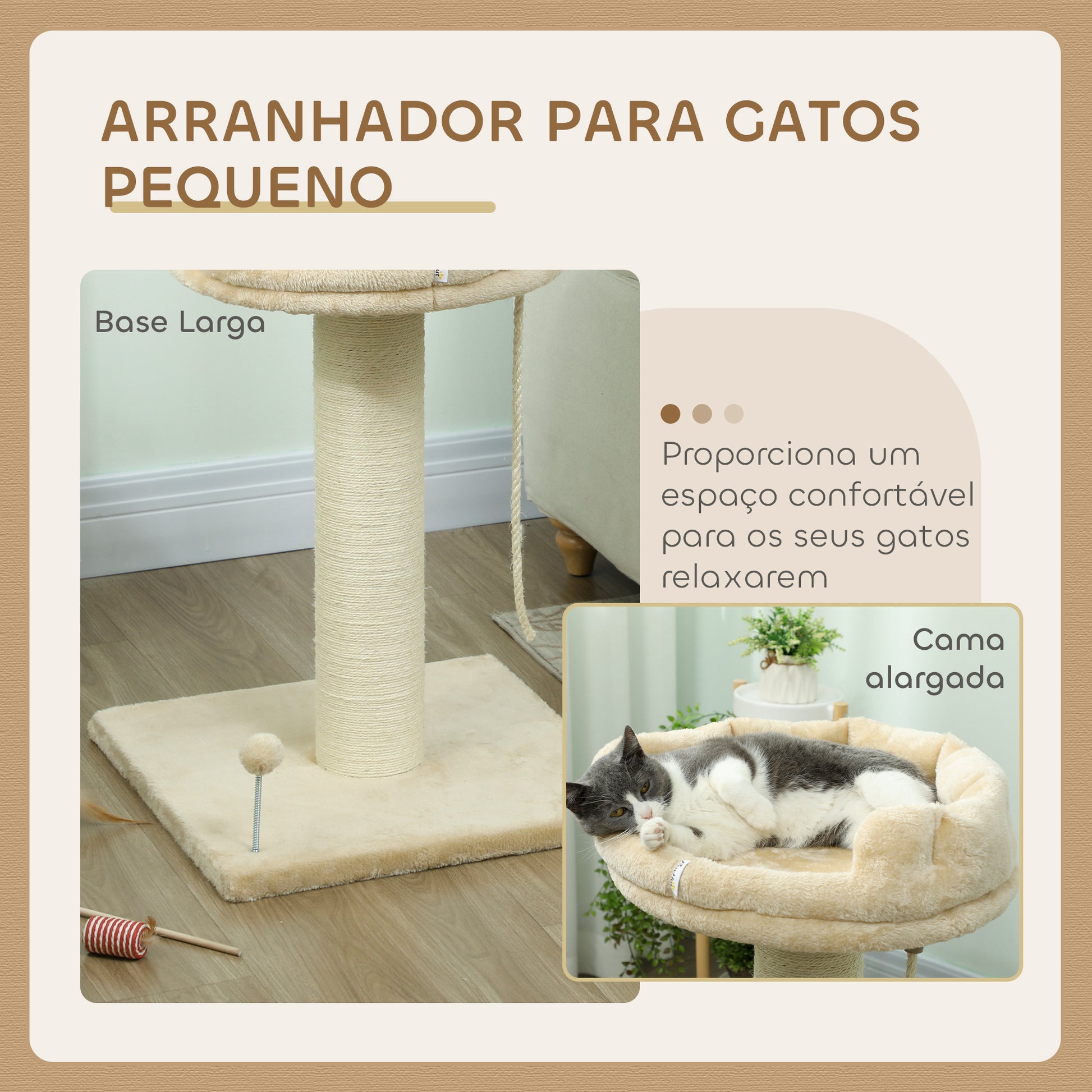 PawHut Arranhador para Gatos Mini Arranhador para Gatos de 2 Níveis com Plataforma Bola com Mola Corda Suspensa e Poste de Sisal 55x55x83 cm Bege