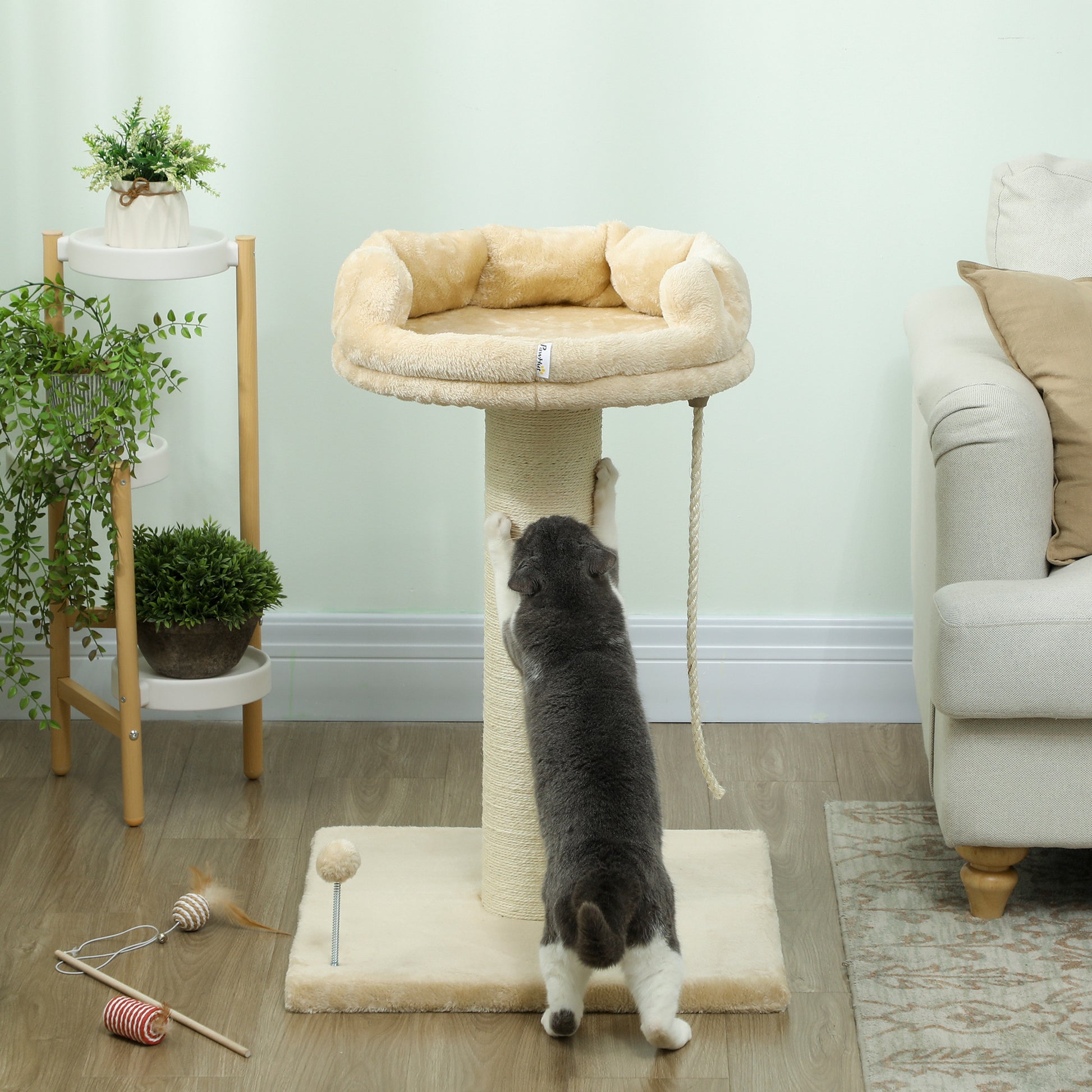 PawHut Arranhador para Gatos Mini Arranhador para Gatos de 2 Níveis com Plataforma Bola com Mola Corda Suspensa e Poste de Sisal 55x55x83 cm Bege