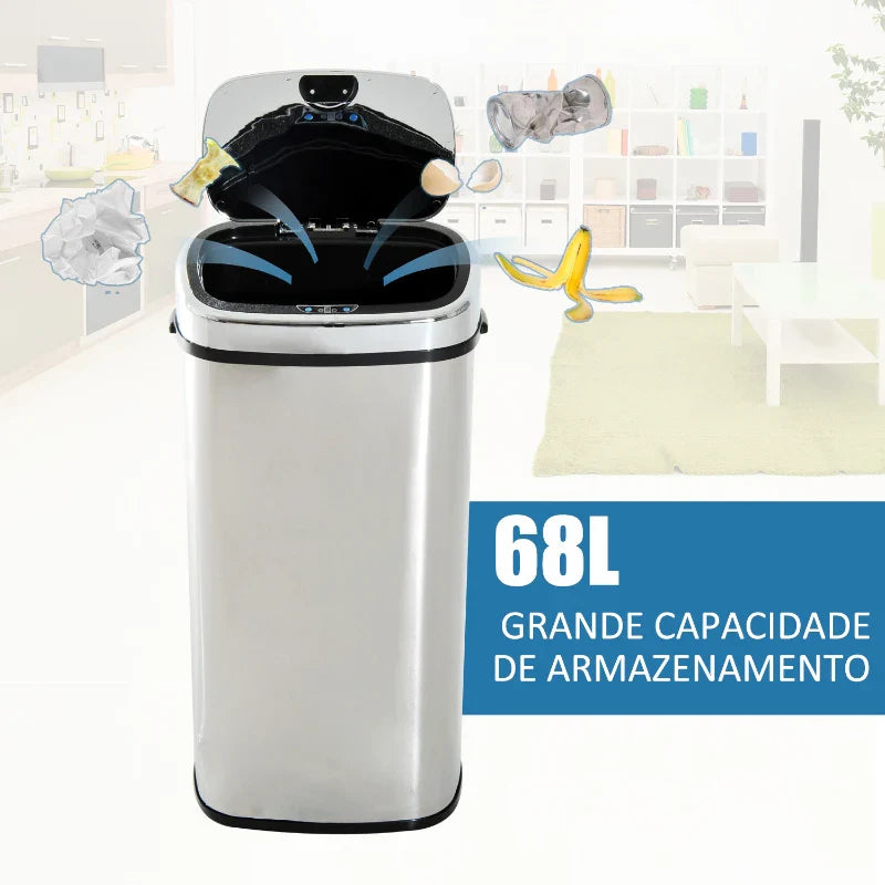 Balde de Lixo Inteligente de Aço Inoxidável 68L com Sensor Infravermelho de Abertura Automática e Contato Manual para Cozinha Dormitório Casa de banho 40,5x29,578cm Prata