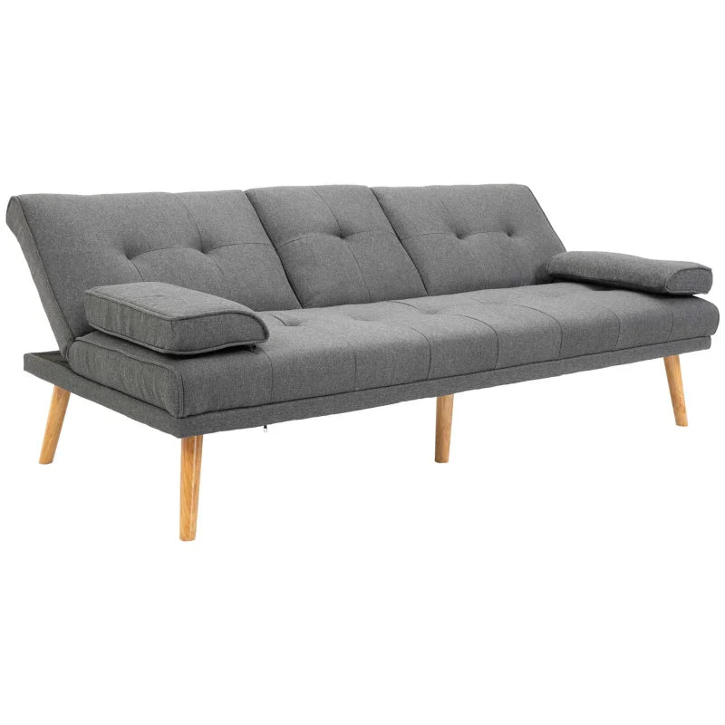 Sofá Cama 3 Lugares Sofá Cama Dobrável com Encosto Ajustável de 3 Níveis Apoio para os Braços Desmontável e 2 Suportes para Copos 181x77x78 cm Cinza