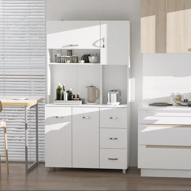 Armário de Cozinha Armário Alto com 3 Gavetas 4 Portas Prateleiras Interiores Ajustáveis e Pés Elevados Móvel Auxiliar para Sala de Jantar Sala de Estar 100x39,5x183,5cm Branco